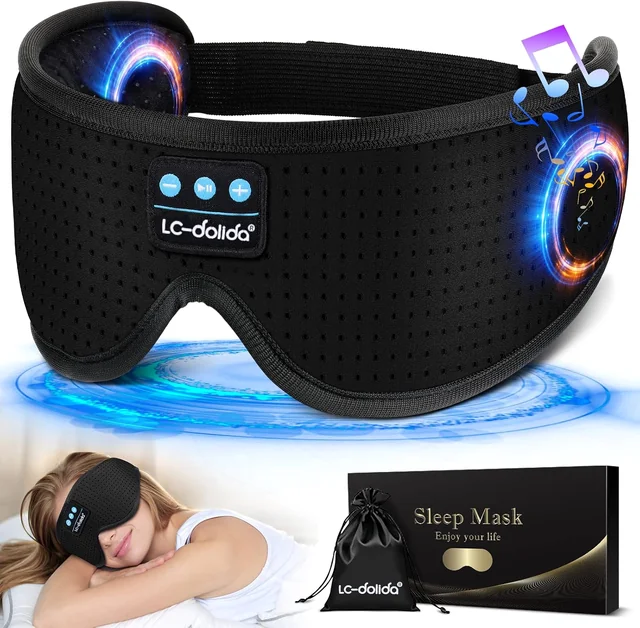 White Noise Bluetooth Sleep Mask: Mask, pouch and worn view