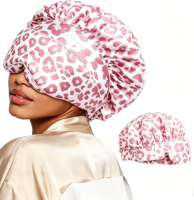 Pink Leopard Bluetooth Sleep Bonnet: Pink Leopard bonnet and worn view